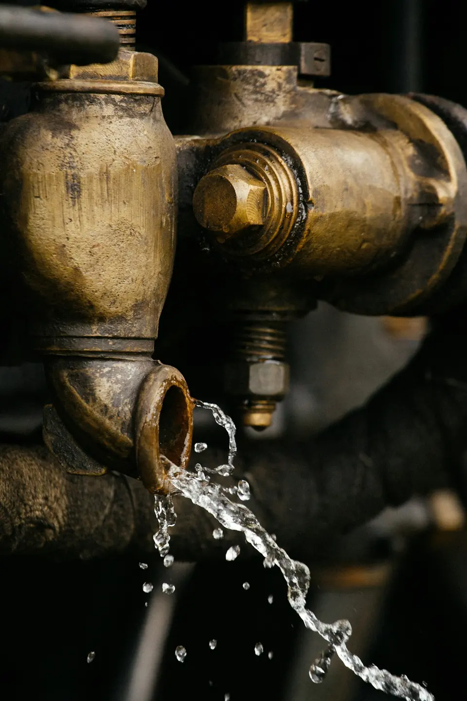 Water dripping from a leaking brass pipe fitting